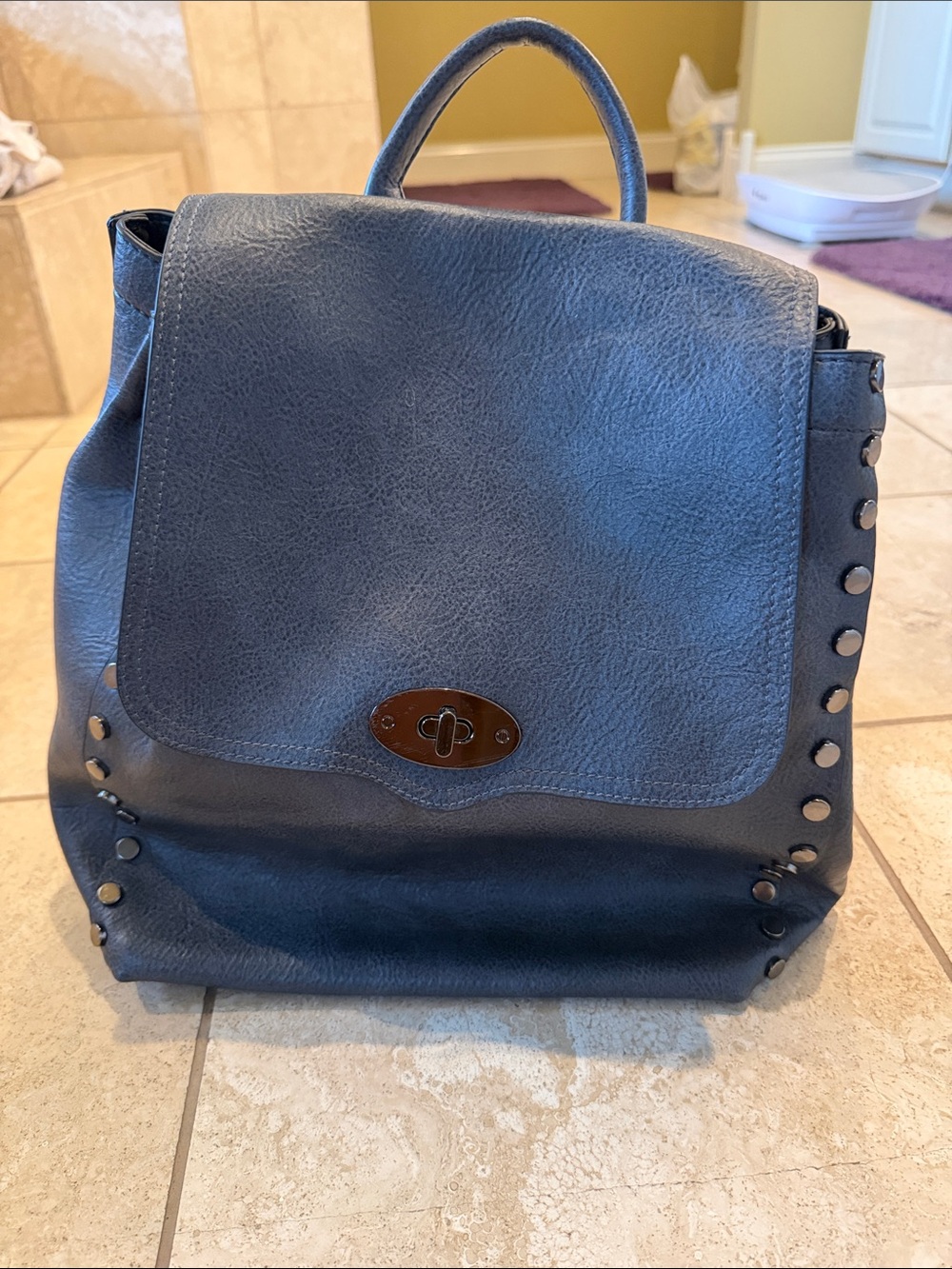 Stud-Trim Faux-Leather Navy Backpack Tote